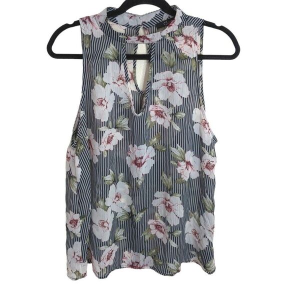 Cleo Striped Floral Sheer Sleeveless Lightweight Keyhole Top Size Large - Picture 1 of 6